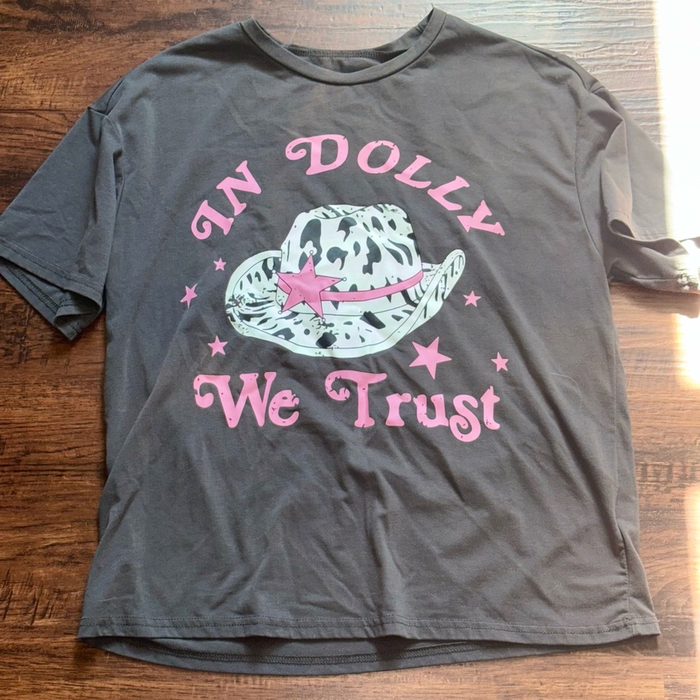 SHEIN Gray In Dolly We Trust Tee with Pink Western Print